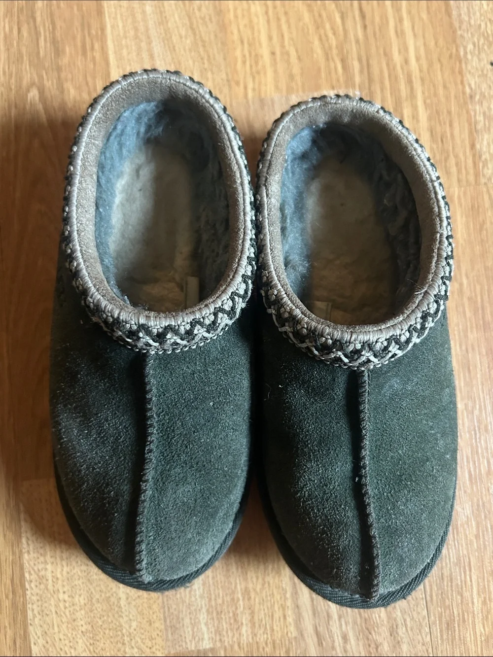 UGG Kids Dark Green Suede Slip-On Slippers with Braided Trim